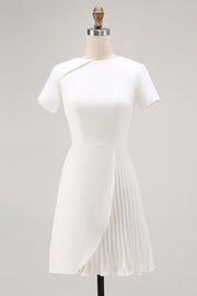 Ivory Satin A Line Pleated Short Work Dress with Short Sleeves