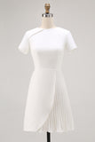 Ivory Satin A Line Pleated Short Work Dress with Short Sleeves
