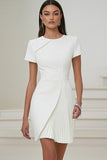 Ivory Satin A Line Pleated Short Work Dress with Short Sleeves
