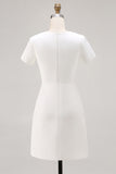 Ivory Satin A Line Pleated Short Work Dress with Short Sleeves