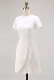 Ivory Satin A Line Pleated Short Work Dress with Short Sleeves