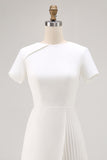 Ivory Satin A Line Pleated Short Work Dress with Short Sleeves