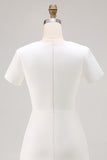 Ivory Satin A Line Pleated Short Work Dress with Short Sleeves
