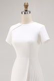 Ivory Satin A Line Pleated Short Work Dress with Short Sleeves