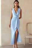 Sky Blue Sheath Satin V-Neck Long Work Dress with Slit