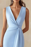 Sky Blue Sheath Satin V-Neck Long Work Dress with Slit
