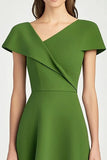 Green A Line Cap Sleeve V-Neck Satin Long Work Dress
