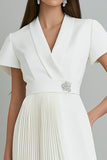 Sparkly Ivory Satin Short Sleeve Pleated Asymmetrical Work Dress