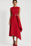 Red Satin Sheath Asymmetrical Work Dress with Belt