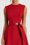 Red Satin Sheath Asymmetrical Work Dress with Belt