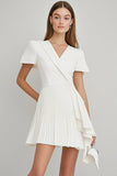 Ivory Pleated Satin Short Sleeves A Line Work Dress with Ruffles