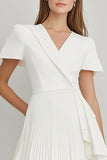 Ivory Pleated Satin Short Sleeves A Line Work Dress with Ruffles