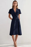 Navy A Line Peak Lapel Short Sleeves Midi Work Dress