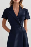 Navy A Line Peak Lapel Short Sleeves Midi Work Dress