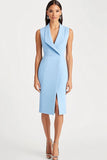 Sky Blue Shawl Lapel Satin Midi Work Dress with Slit