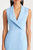Sky Blue Shawl Lapel Satin Midi Work Dress with Slit