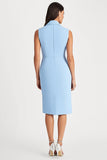 Sky Blue Shawl Lapel Satin Midi Work Dress with Slit
