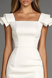 Ivory Bodycon Satin Cap Sleeve Square Neck Short Work Dress