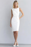 Ivory Satin Bodycon Round Neck Ruched Midi Work Dress