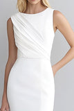 Ivory Satin Bodycon Round Neck Ruched Midi Work Dress