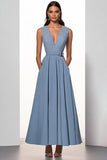 Grey Blue V-Neck A Line Satin Long Work Dress with Lace