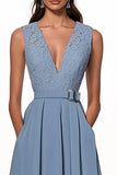 Grey Blue V-Neck A Line Satin Long Work Dress with Lace