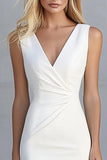 Ivory Satin V-Neck Bodycon Midi Work Dress