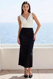 Ivory and Black V-Neck Satin Sheath Long Work Dress