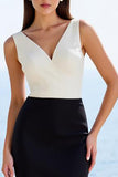 Ivory and Black V-Neck Satin Sheath Long Work Dress
