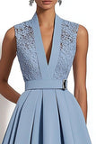 Grey Blue Satin V-Neck A Line Midi Work Dress with Lace