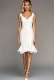 Ivory Bodycon Straps Short Work Dress with Ruffles