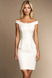 Ivory Bodycon Satin Off the Shoulder Short Work Dress
