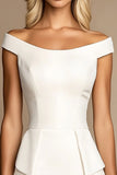 Ivory Bodycon Satin Off the Shoulder Short Work Dress