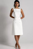 Ivory Satin A Line Double Breasted Boat Neck Midi Work Dress