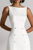 Ivory Satin A Line Double Breasted Boat Neck Midi Work Dress