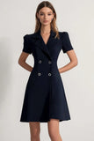 Navy Peak Lapel Double Breasted Satin Short Sleeves Work Dress