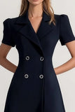 Navy Peak Lapel Double Breasted Satin Short Sleeves Work Dress