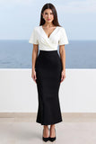 Ivory and Black Satin V-Neck Sheath Long Work Dress