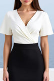 Ivory and Black Satin V-Neck Sheath Long Work Dress