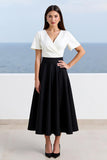 Ivory and Black A Line Satin Long Work Dress with Sleeves