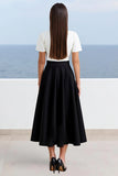 Ivory and Black A Line Satin Long Work Dress with Sleeves