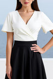 Ivory and Black A Line Satin Long Work Dress with Sleeves