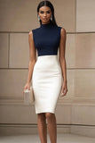 Navy and Ivory Bodycon Satin High Neck Short Work Dress
