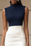 Navy and Ivory Bodycon Satin High Neck Short Work Dress