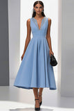 Sparkly Grey Blue A Line Satin V-Neck Long Work Dress with Mirrors