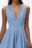 Sparkly Grey Blue A Line Satin V-Neck Long Work Dress with Mirrors