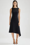 Simple Black Satin Boat Neck A Line Long Work Dress