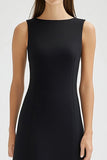 Simple Black Satin Boat Neck A Line Long Work Dress