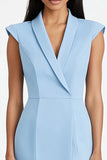 Sky Blue Satin Peak Lapel Bodycon Cap Sleeves Short Work Dress with Slit