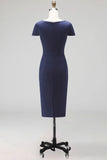 Black Short Sleeves Bodycon Satin Midi Work Dress